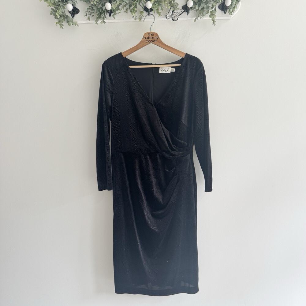 Eliza j Black Diamond Sequined Ruched Midi Cocktail Dress Size 16 Evening Formal
